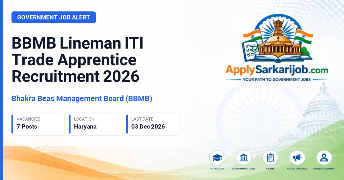 Bhakra Beas Management Board (BBMB) - Lineman (ITI Trade Apprentice) Official Notification Poster & Schedule