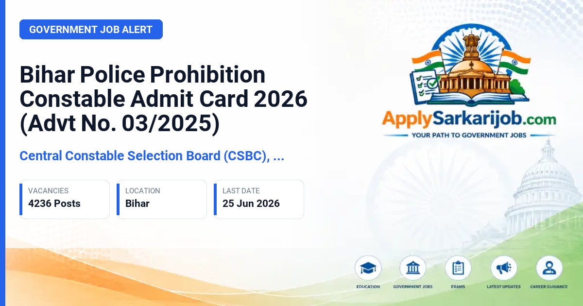 Central Selection Board of Constable (CSBC), Bihar - Prohibition Constable, Warder, and Mobile Squad Constable Official Notification Poster & Schedule