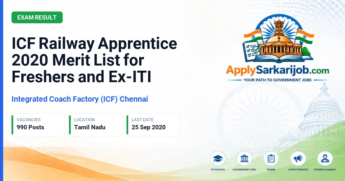 Integrated Coach Factory (ICF) Chennai - Trade Apprentice (Fresher & Ex-ITI) Official Notification Poster & Schedule