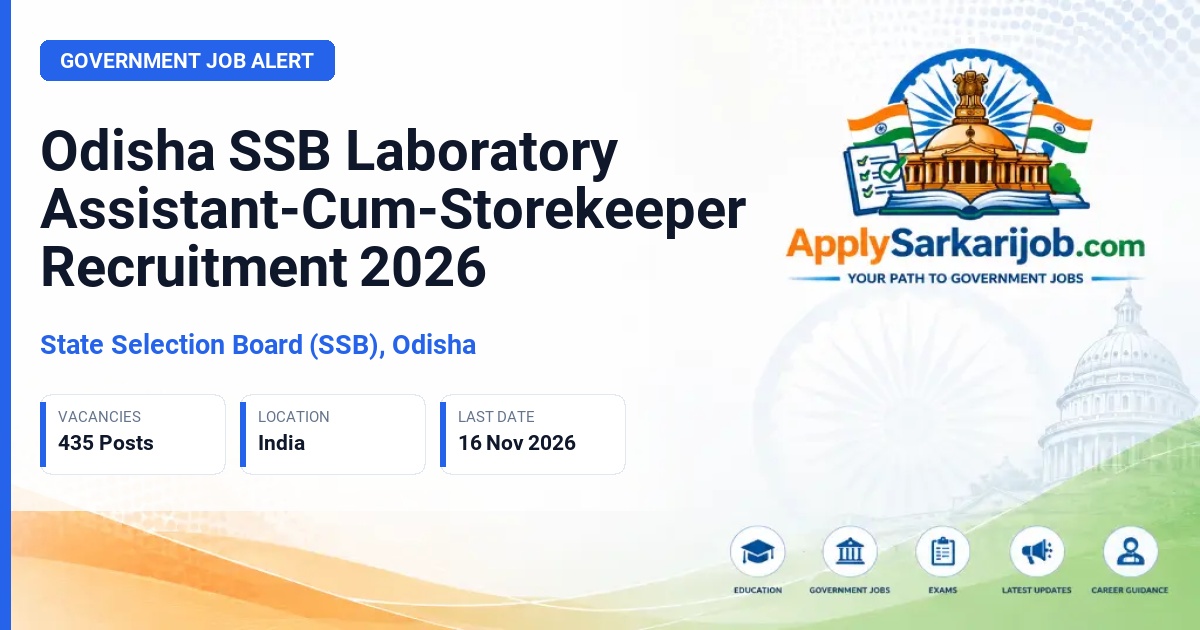 State Selection Board (SSB), Odisha - Laboratory Assistant-Cum-Storekeeper Official Notification Poster & Schedule