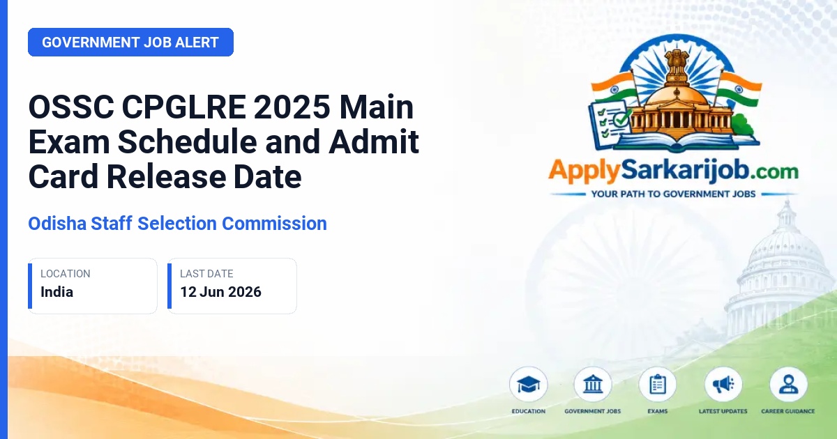 Odisha Staff Selection Commission (OSSC) - Combined Post Graduate Level Recruitment Examination (CPGLRE) 2025 Official Notification Poster & Schedule