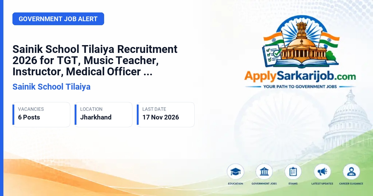 Sainik School Tilaiya - TGT (Social Sc), TGT (Maths), Music Teacher, Craft & Workshop Instructor, Medical Officer, Quartermaster Official Notification Poster & Schedule
