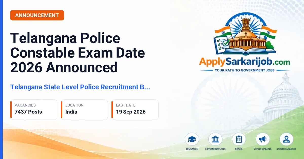 Telangana State Level Police Recruitment Board (TSLPRB) - SCT PC (Civil) & Equivalent Preliminary Written Test Official Notification Poster & Schedule